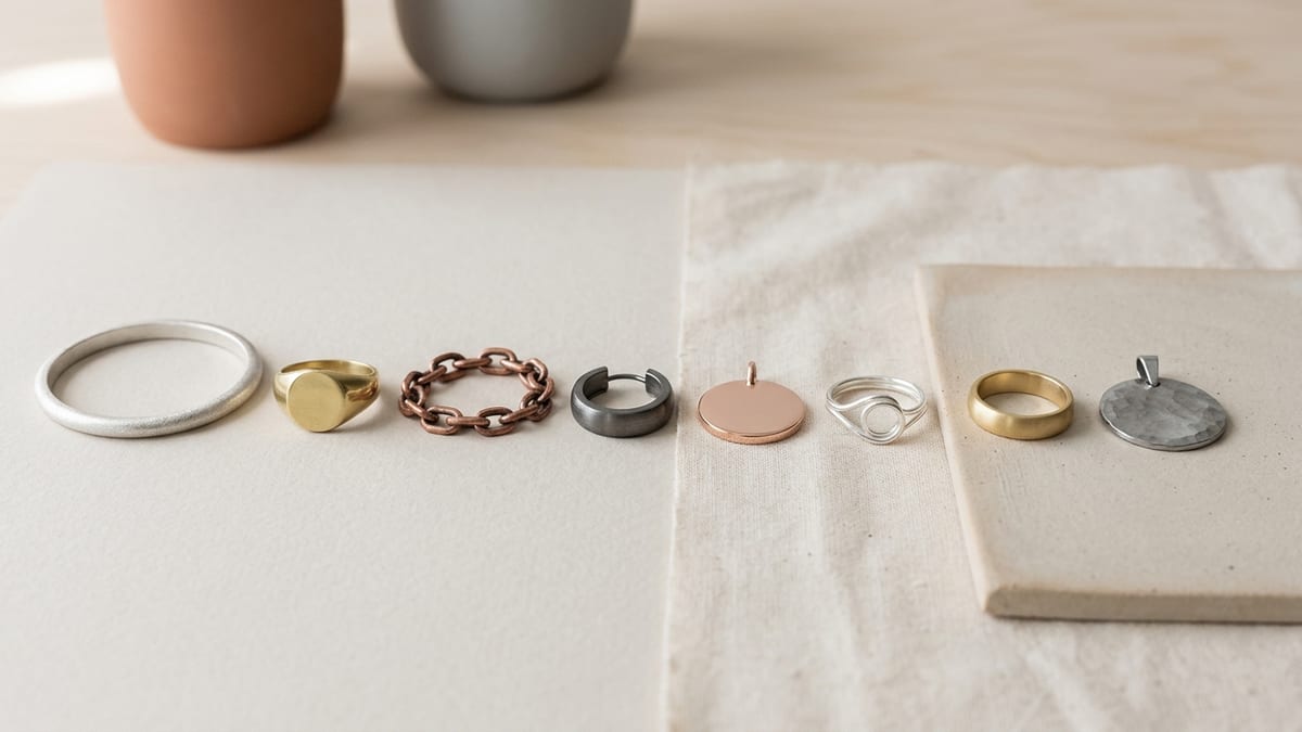 Unbranded jewelry pieces in several finishes laid out in a row for comparison